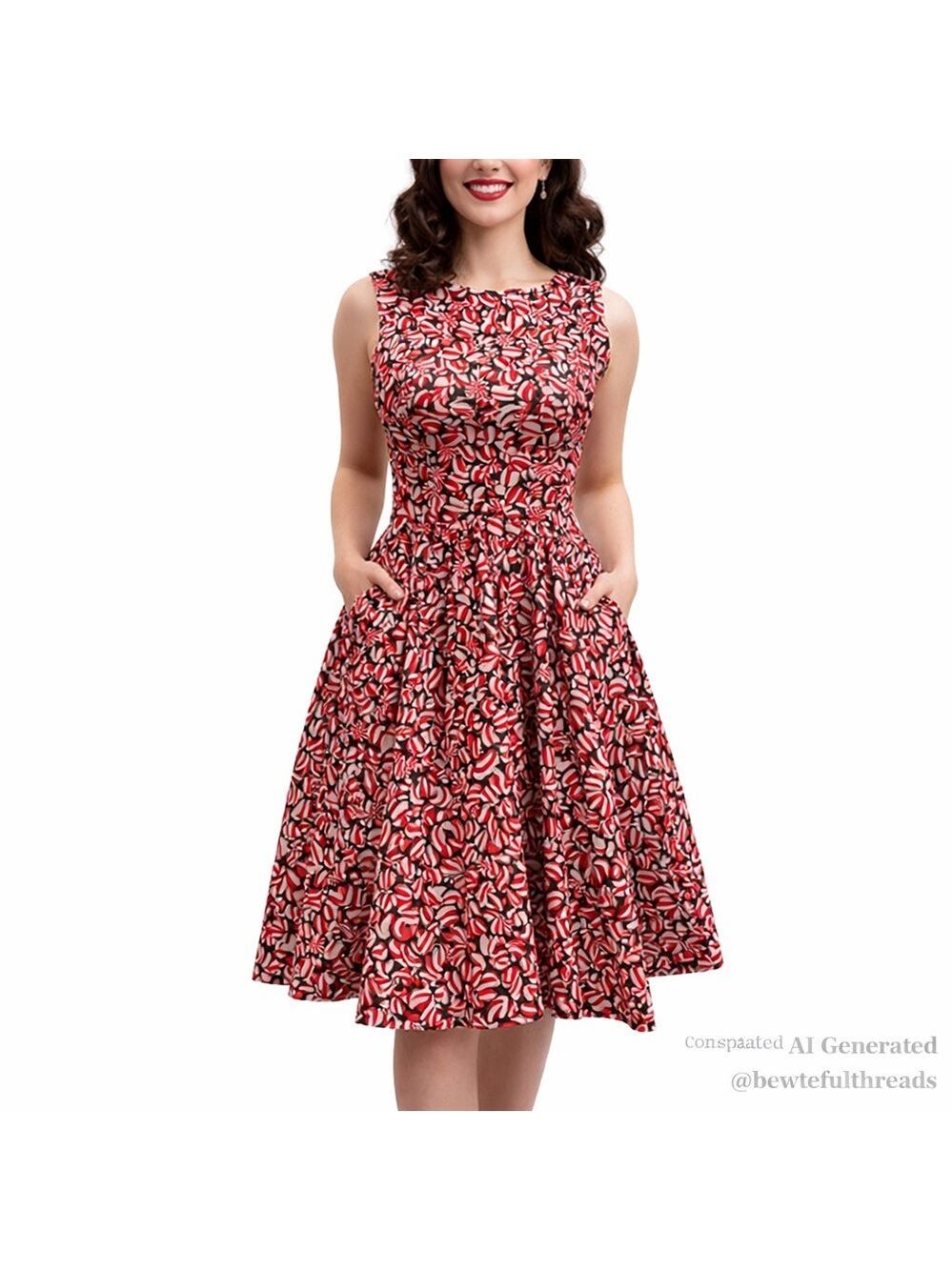 Retrolicious XS Red Peppermint Print Fit & Flare Dress Pockets